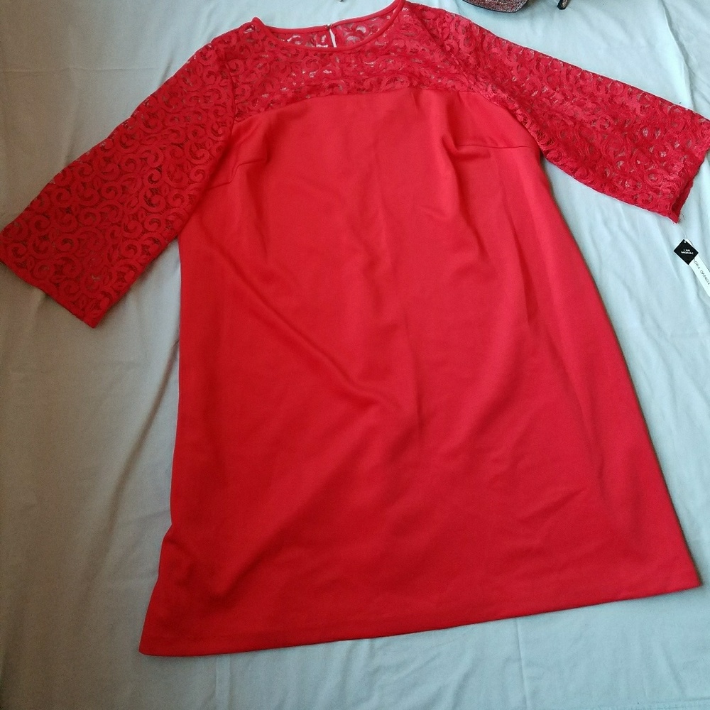 NWT. Elegant Red Dress with netted sleeves.